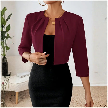 Women's Cropped Pleated Blazer | Open Front Denim Style View 18