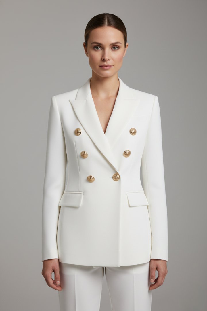 Women's Double-Breasted Blazer | Smart Occasion with Gold Buttons Close Up