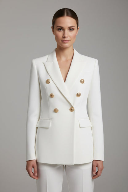 Women's Double-Breasted Blazer | Smart Occasion with Gold Buttons Close Up