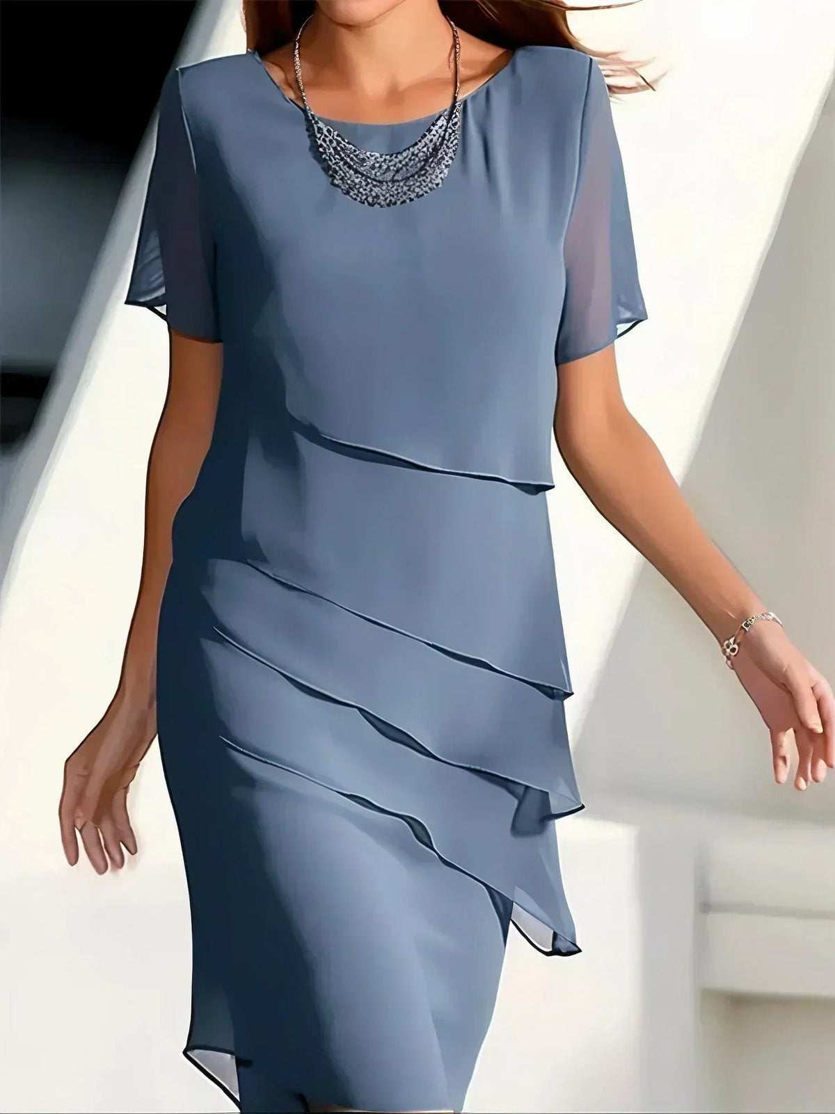 Women's Elegant Flowy Short Sleeve Dress with Tiered Layers Back