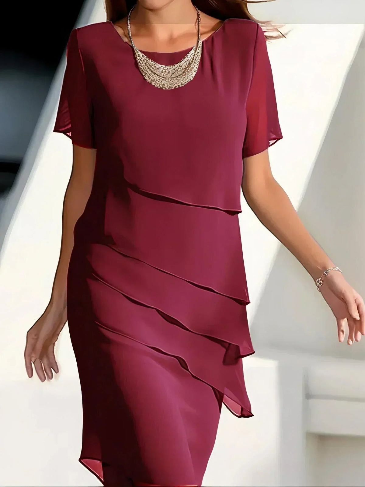Women's Elegant Flowy Short Sleeve Dress with Tiered Layers Front