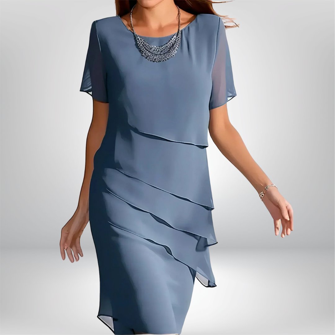 Women's Elegant Flowy Short Sleeve Dress with Tiered Layers Hero