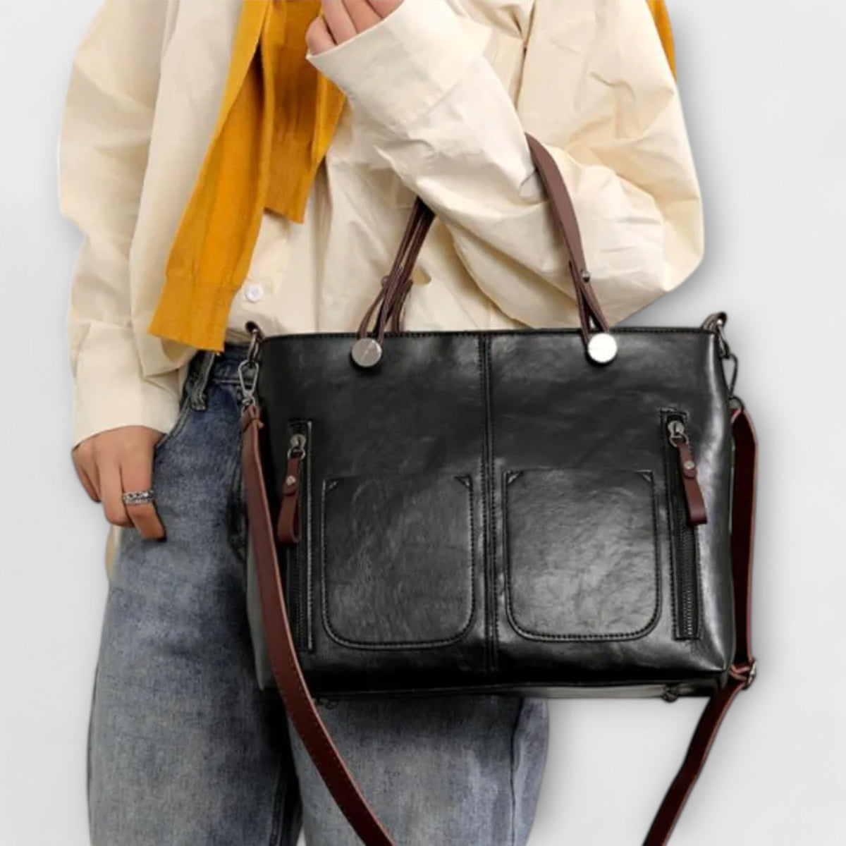 Women's Elegant Leather Bag with Dual Front Pockets Close Up