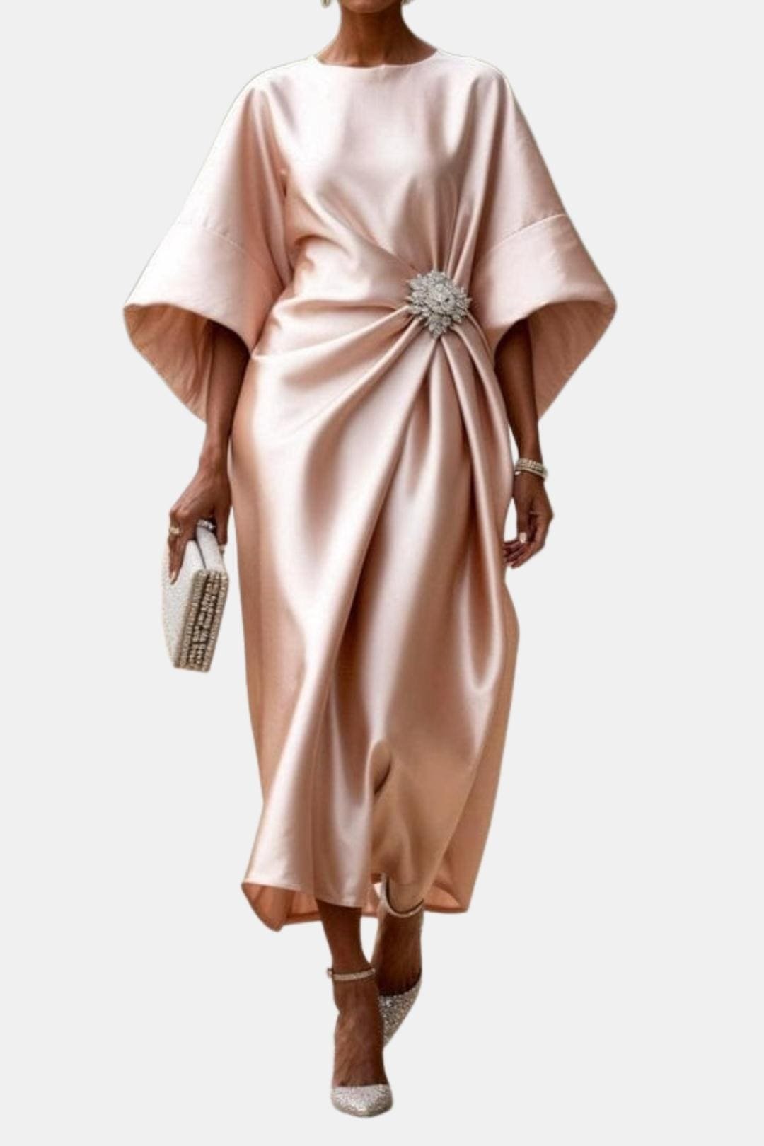 Women's Elegant Satin Dress | Wide Sleeve A-Line Style Front