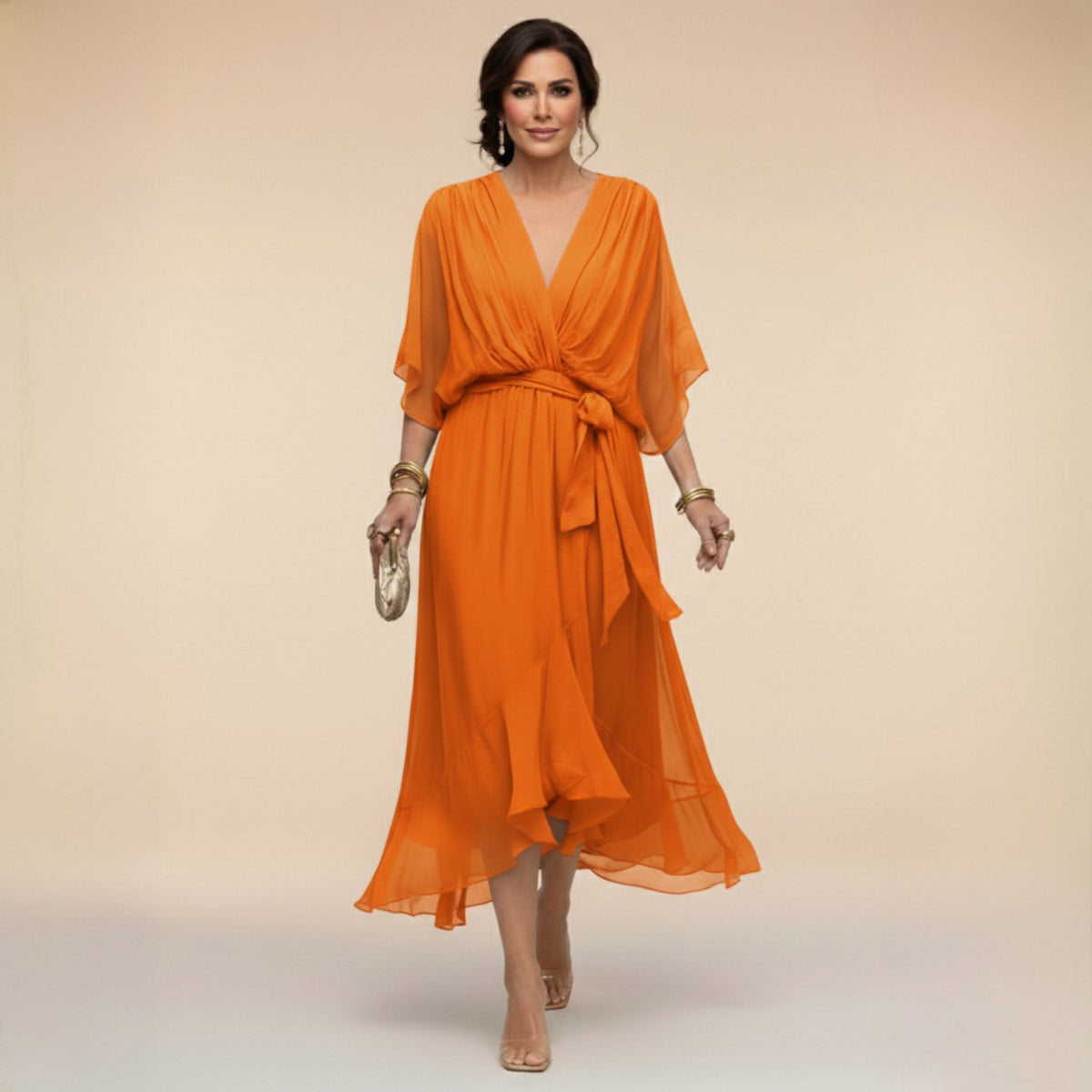 Women's Elegant V-Neck Dress with Flowy Sleeves Alternate