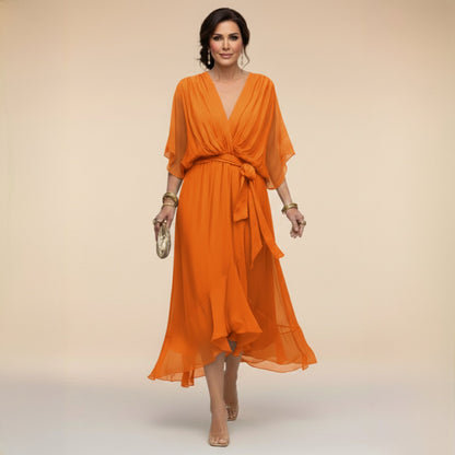Women's Elegant V-Neck Dress with Flowy Sleeves Alternate