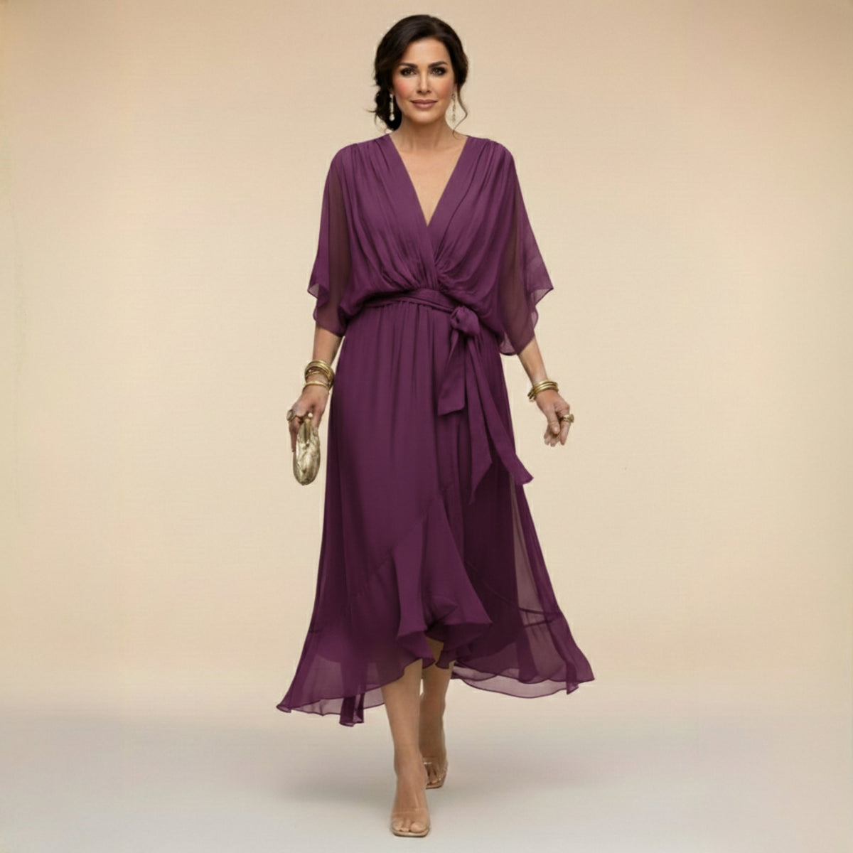 Women's Elegant V-Neck Dress with Flowy Sleeves Angle