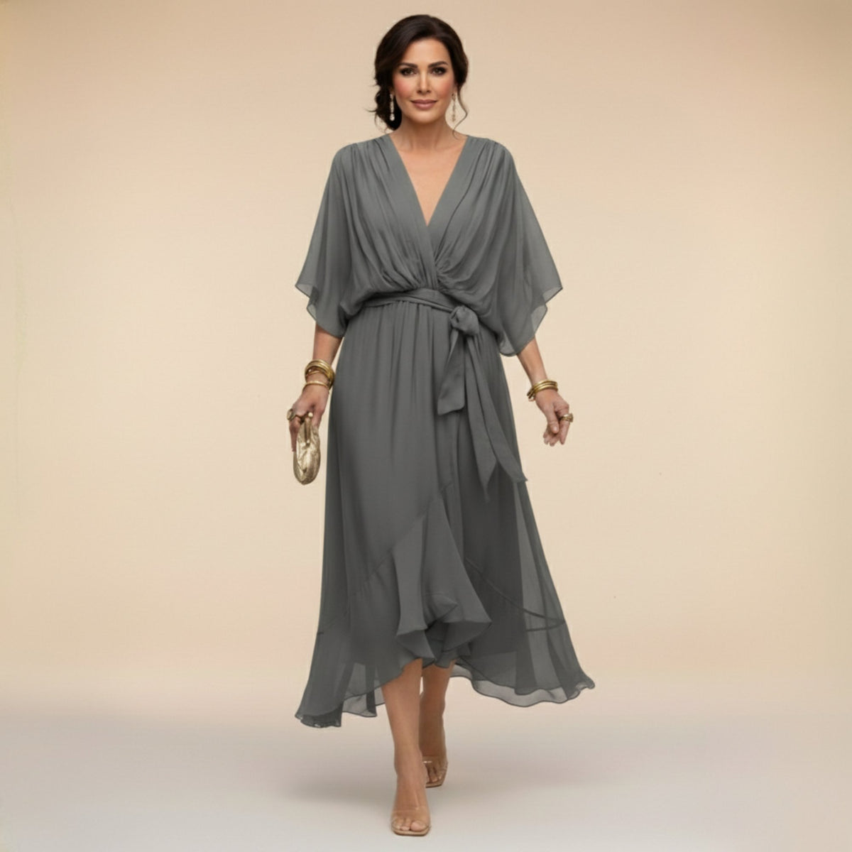 Women's Elegant V-Neck Dress with Flowy Sleeves Close Up
