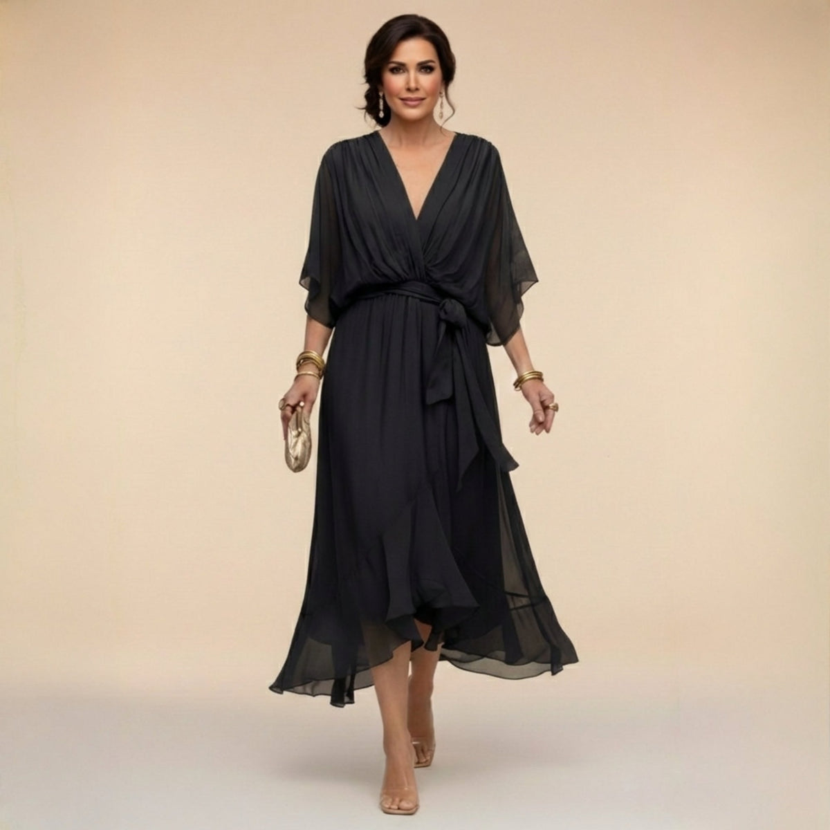 Women's Elegant V-Neck Dress with Flowy Sleeves Front