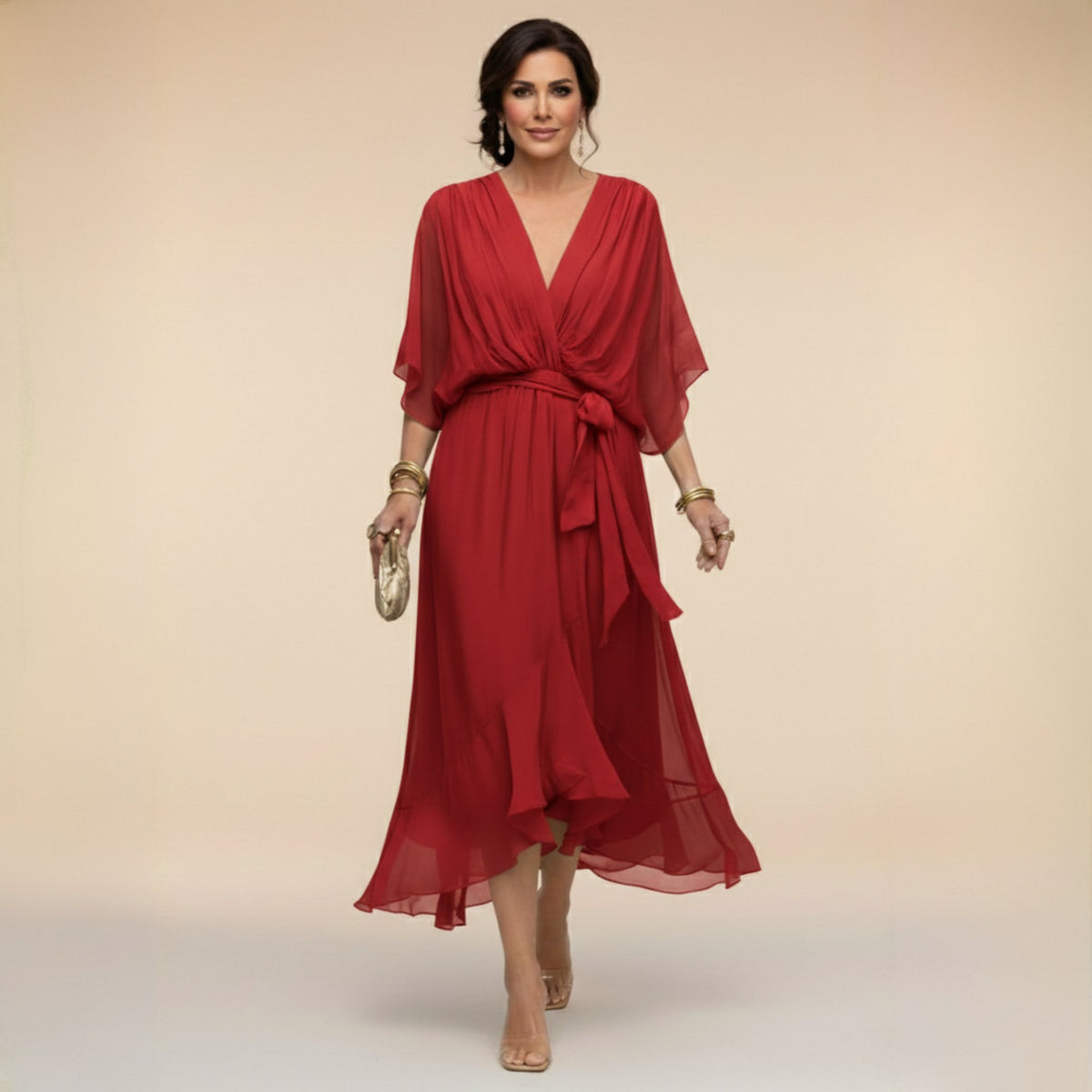 Women's Elegant V-Neck Dress with Flowy Sleeves Full