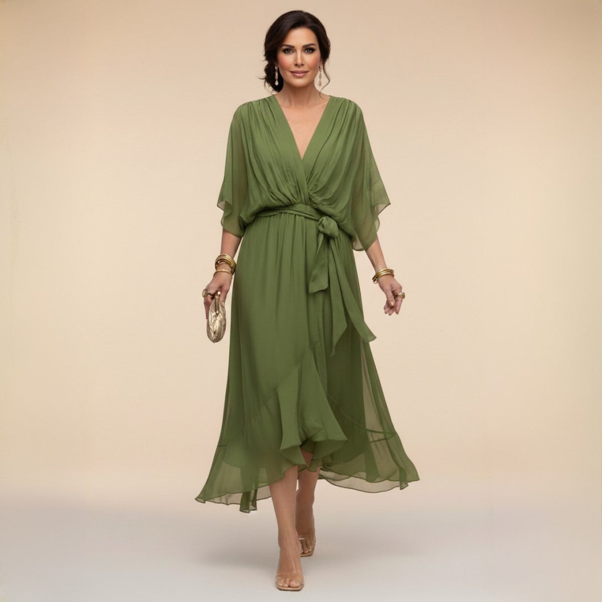Women's Elegant V-Neck Dress with Flowy Sleeves Hero