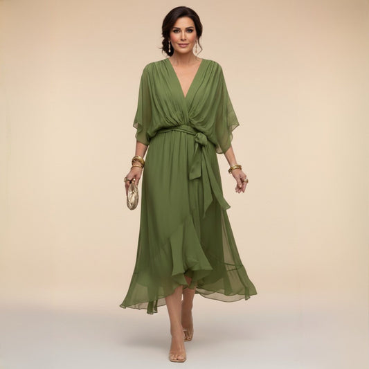 Women's Elegant V-Neck Dress with Flowy Sleeves Hero