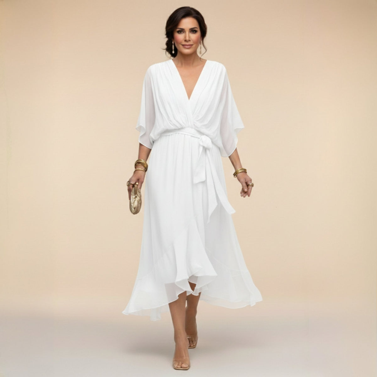 Women's Elegant V-Neck Dress with Flowy Sleeves Lifestyle