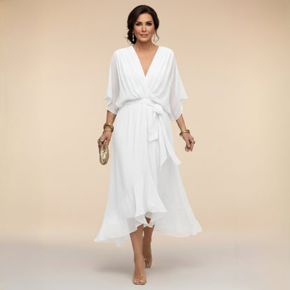 Women's Elegant V-Neck Dress with Flowy Sleeves Lifestyle