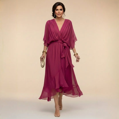 Women's Elegant V-Neck Dress with Flowy Sleeves Side