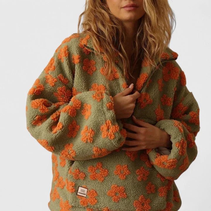 Women's Floral Borg Jacket | Half Zip with Pouch Pocket Angle