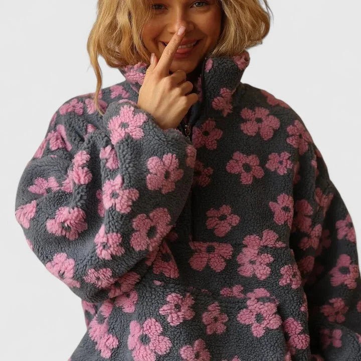 Women's Floral Borg Jacket | Half Zip with Pouch Pocket Close Up