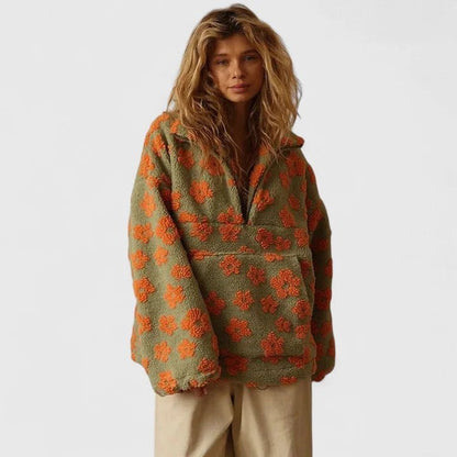 Women's Floral Borg Jacket | Half Zip with Pouch Pocket Detail