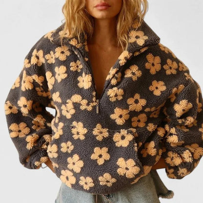 Women's Floral Borg Jacket | Half Zip with Pouch Pocket Hero