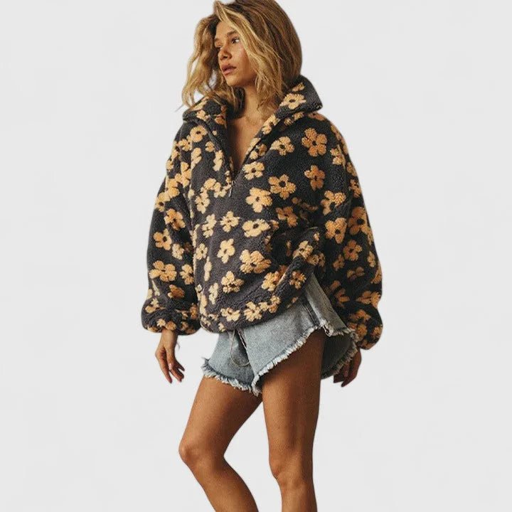 Women's Floral Borg Jacket | Half Zip with Pouch Pocket Side