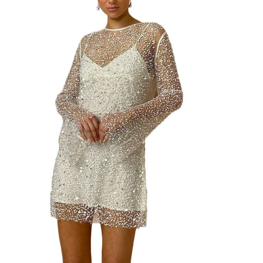 Women's Glitter Party Dress with Sheer Overlay Side