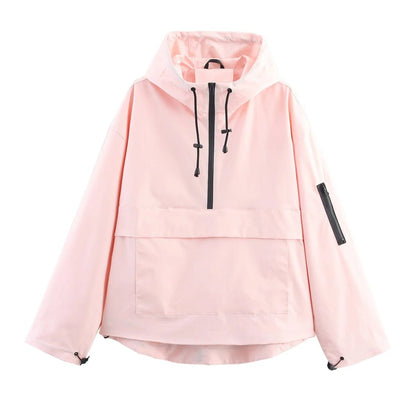 Women's Hooded Pullover Anorak Quilted Jacket | Half-Zip Relaxed Fit Back