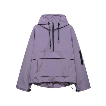 Women's Hooded Pullover Anorak Quilted Jacket | Half-Zip Relaxed Fit Front