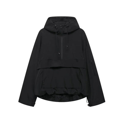 Women's Hooded Pullover Anorak Quilted Jacket | Half-Zip Relaxed Fit Side