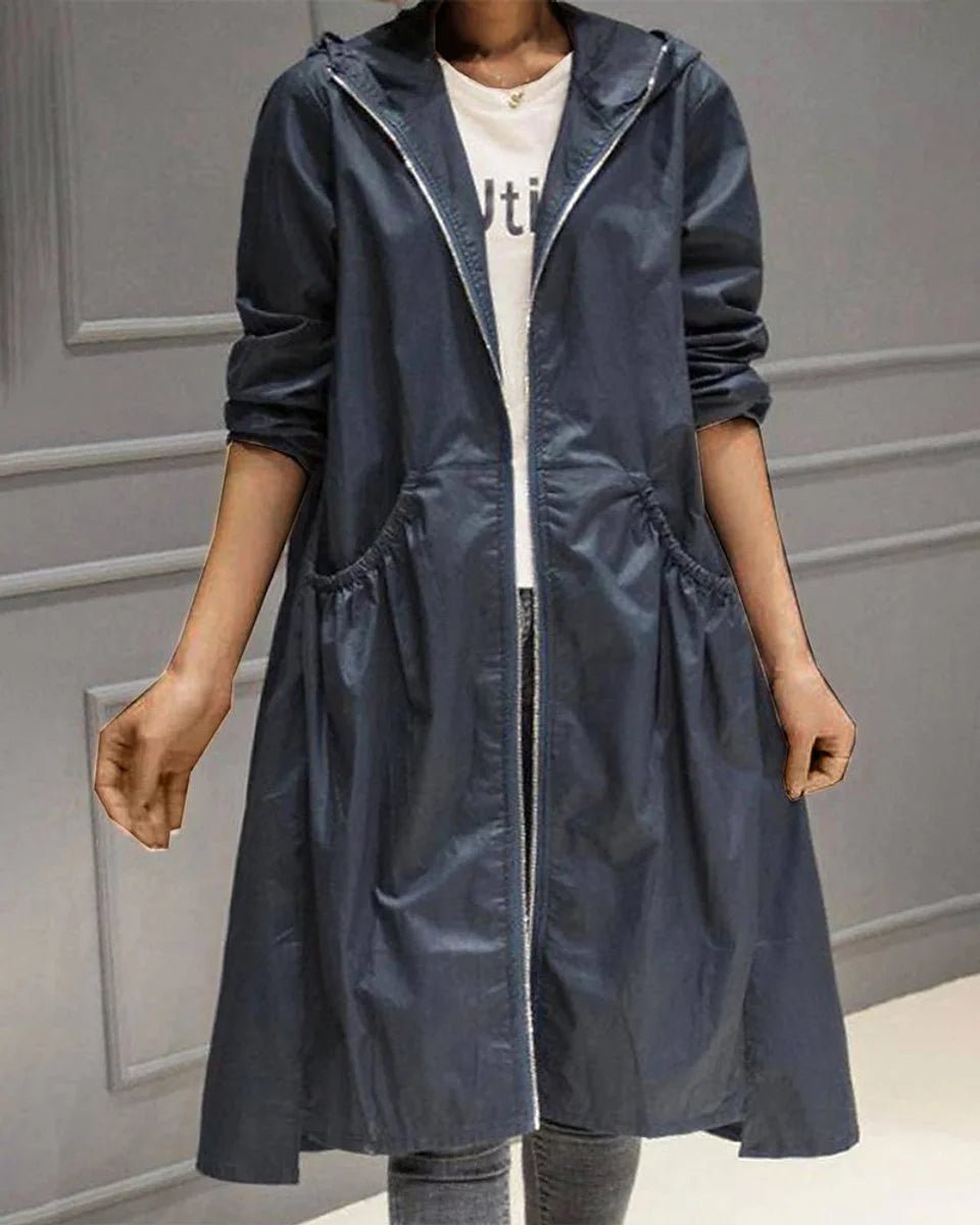 Women's Hooded Waterproof Long Trench Coat with Zip Front Back