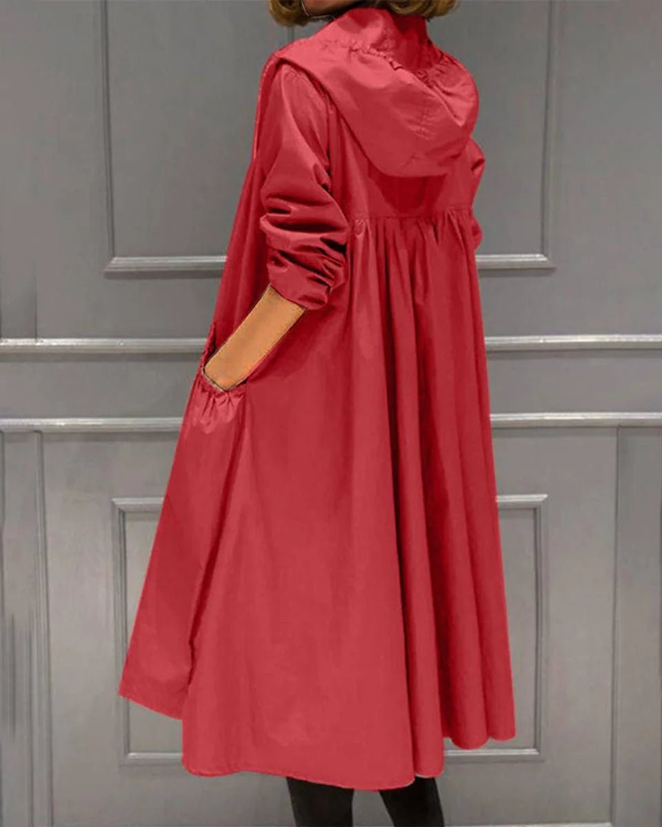 Women's Hooded Waterproof Long Trench Coat with Zip Front Detail