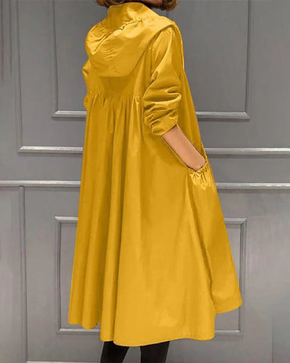 Women's Hooded Waterproof Long Trench Coat with Zip Front Front