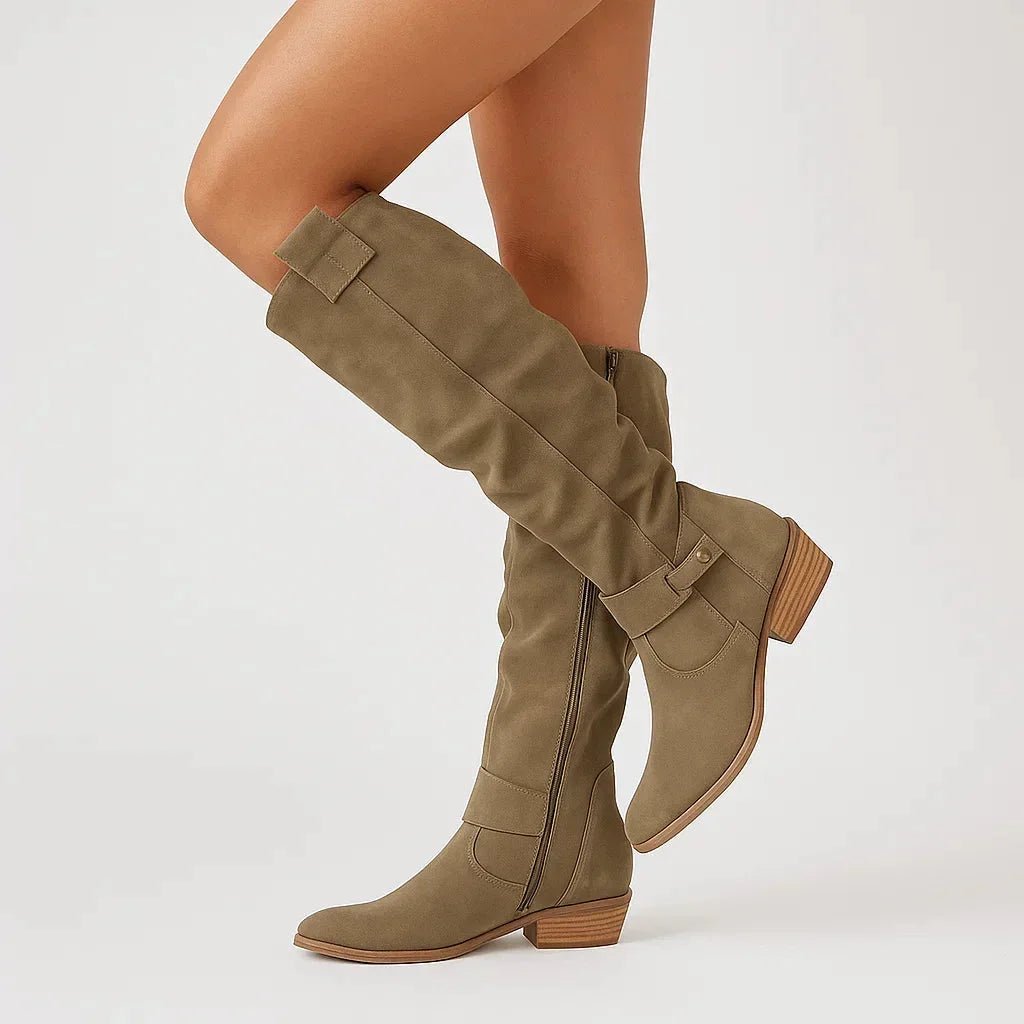 Women's Knee-High Suede Boots with Block Heel Detail