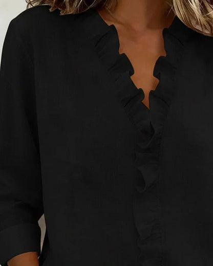 Women's Lightweight V-Neck Blouse with Ruffle Neckline Close Up