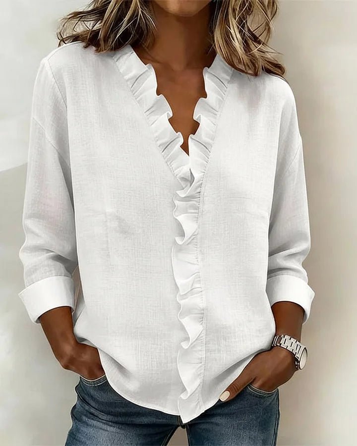 Women's Lightweight V-Neck Blouse with Ruffle Neckline Front