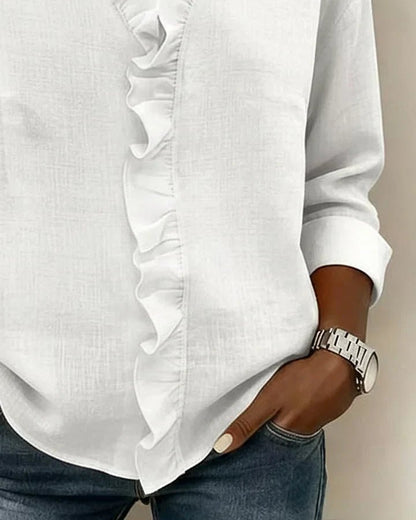 Women's Lightweight V-Neck Blouse with Ruffle Neckline Full