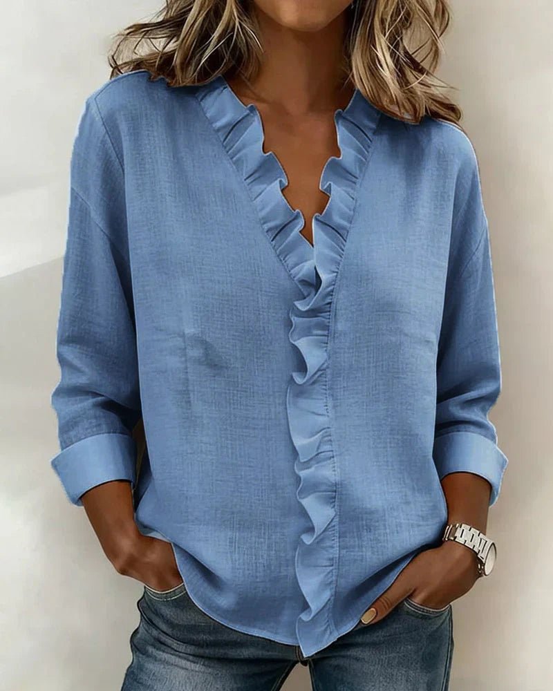 Women's Lightweight V-Neck Blouse with Ruffle Neckline Side