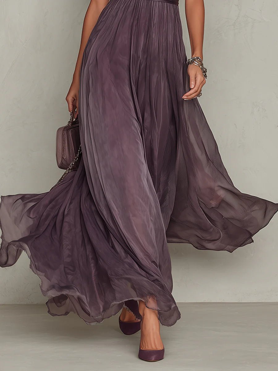 Women's Long Purple Drop-Neck Dress with Chiffon Trim Back