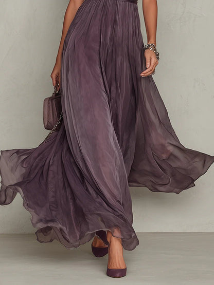 Women's Long Purple Drop-Neck Dress with Chiffon Trim Back