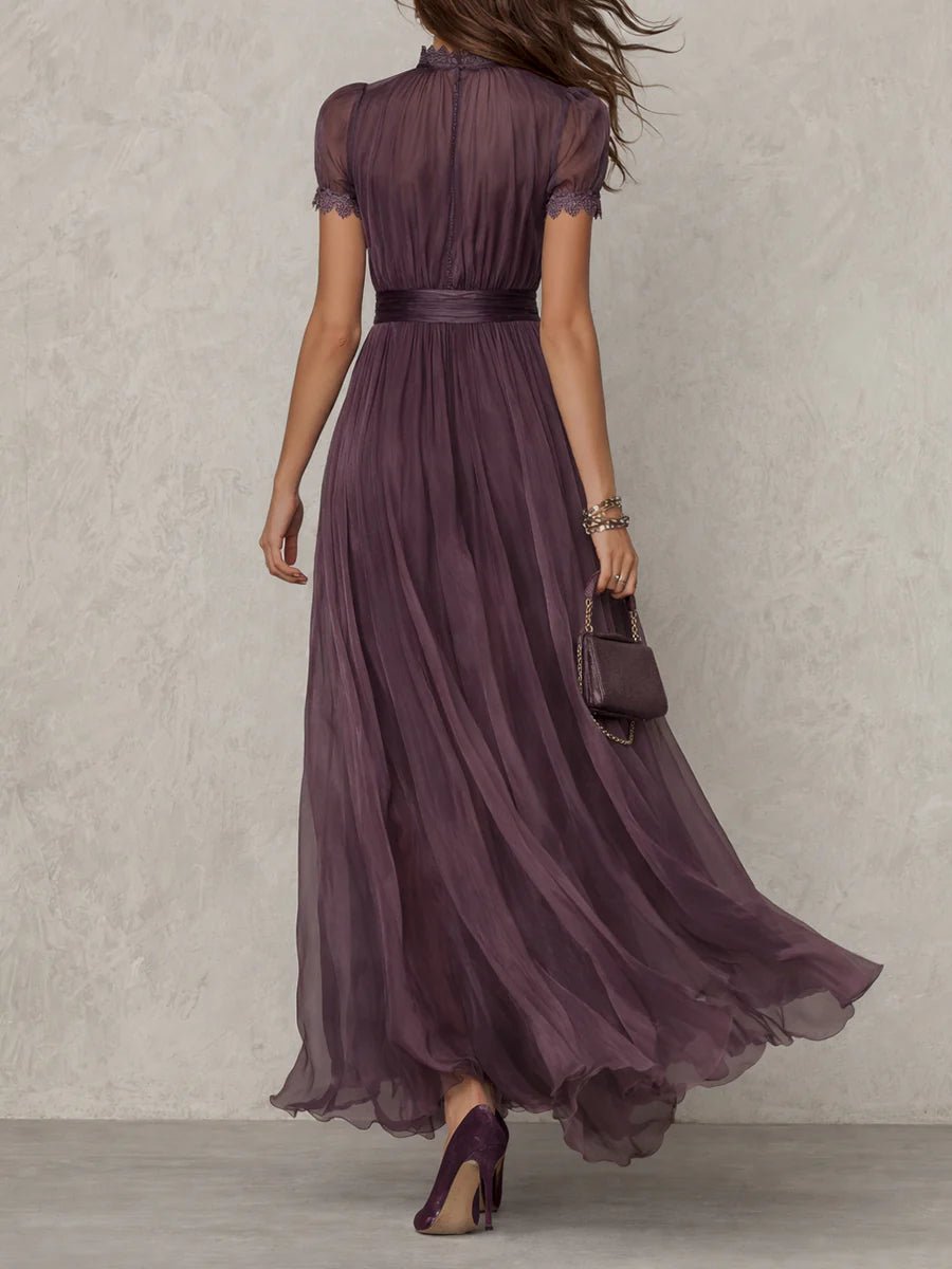 Women's Long Purple Drop-Neck Dress with Chiffon Trim Detail