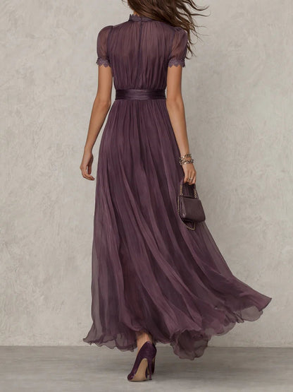 Women's Long Purple Drop-Neck Dress with Chiffon Trim Detail