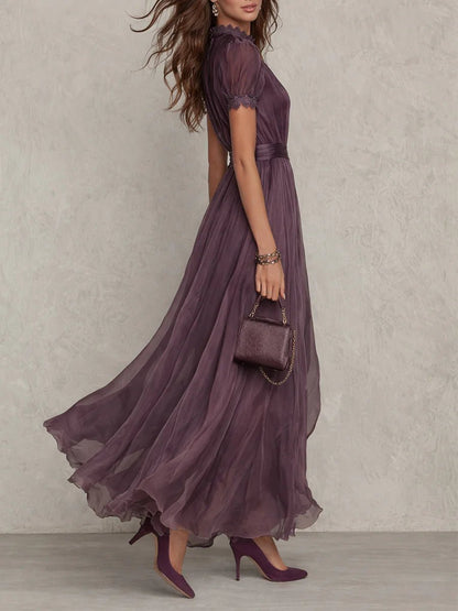 Women's Long Purple Drop-Neck Dress with Chiffon Trim Front