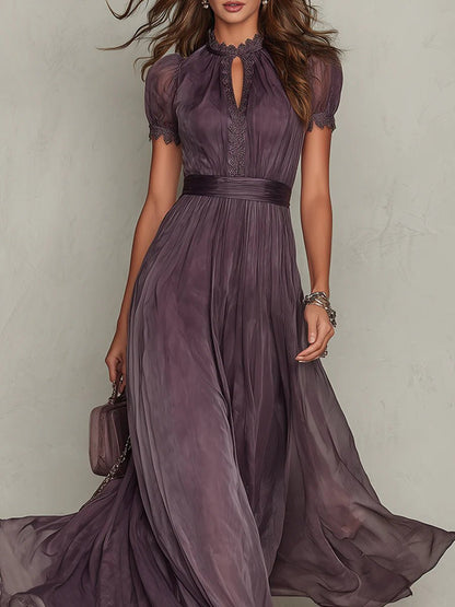 Women's Long Purple Drop-Neck Dress with Chiffon Trim Side