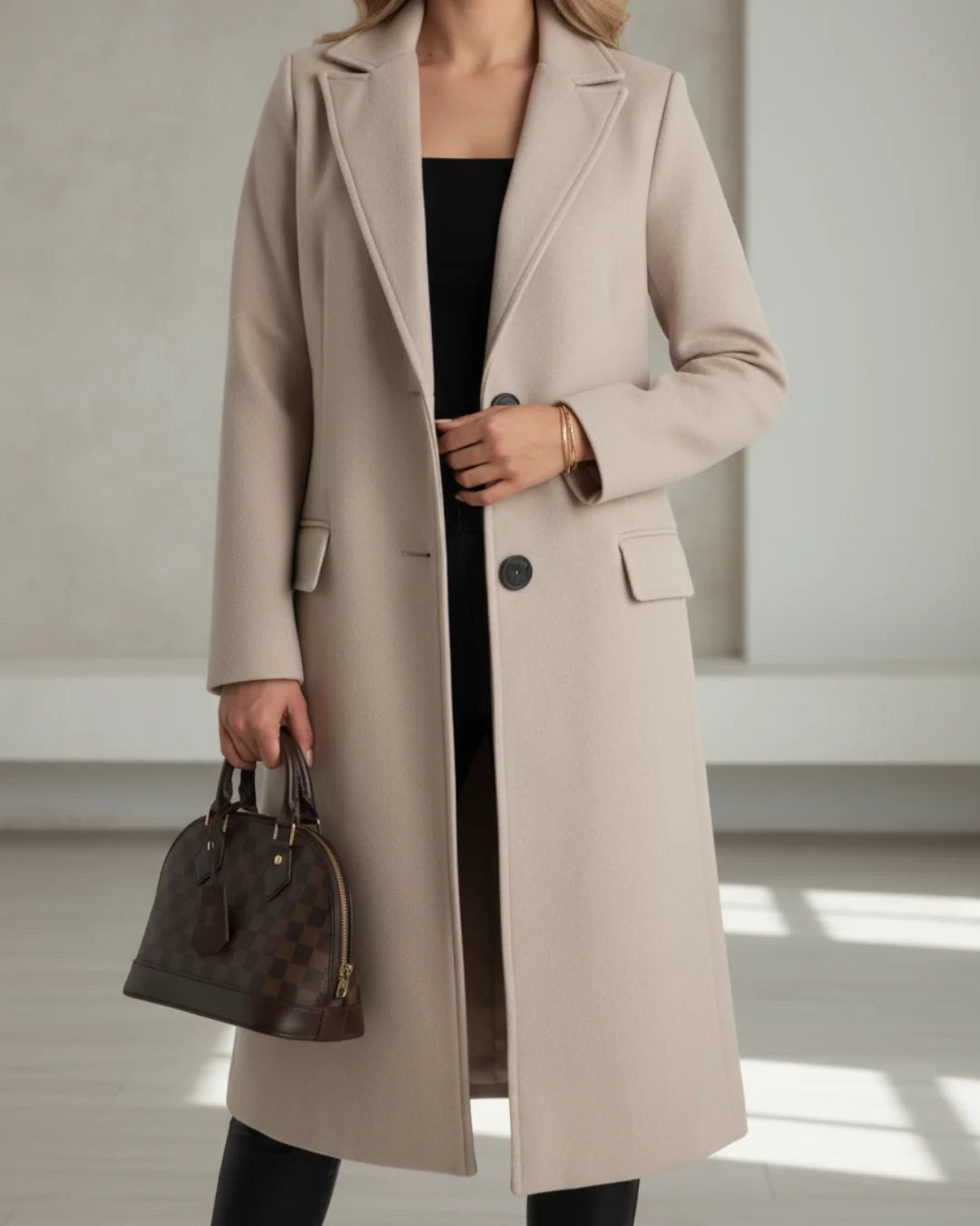 Women's Long Tailored Wool Coat with Notched Lapel Front
