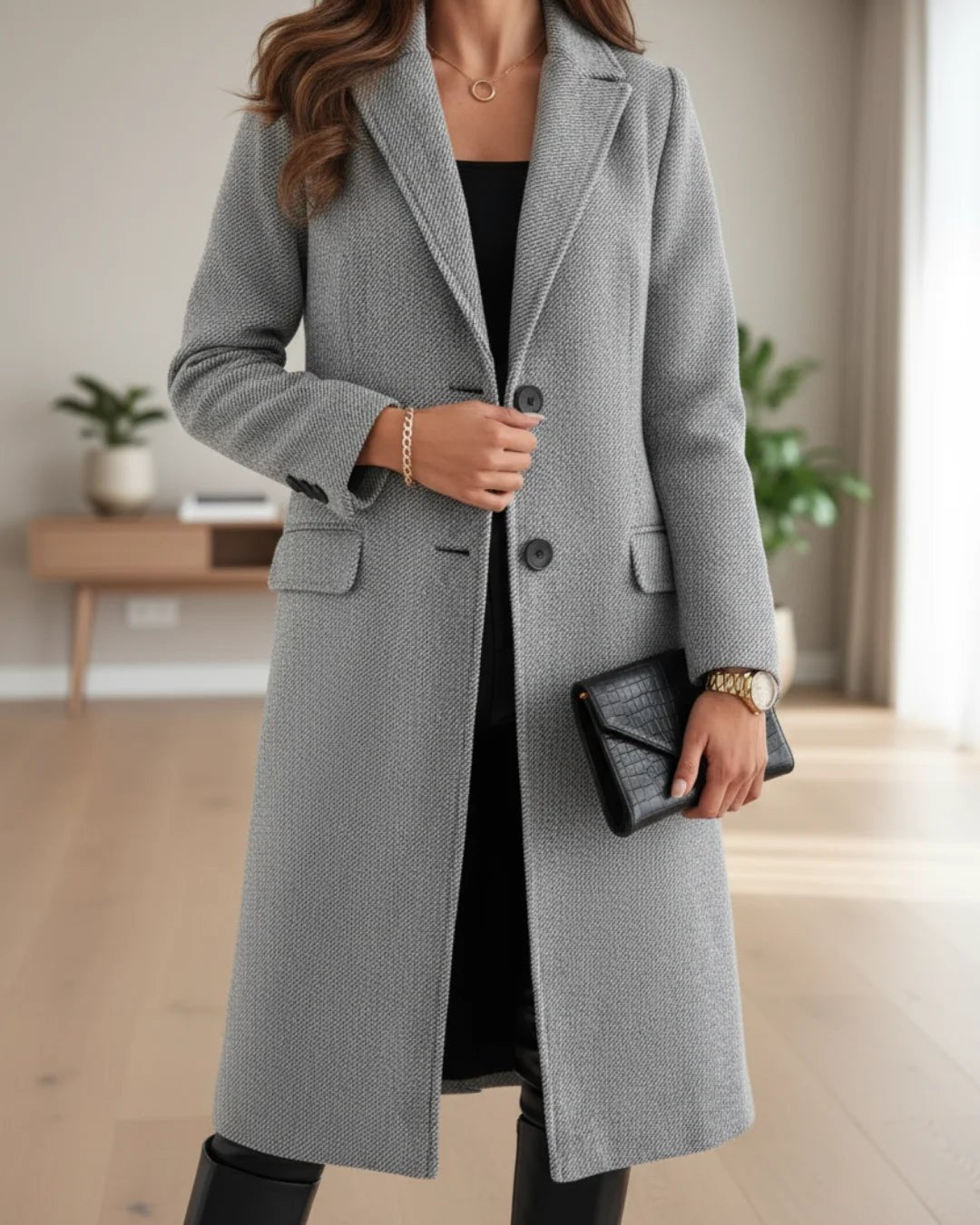 Women's Long Tailored Wool Coat with Notched Lapel Hero