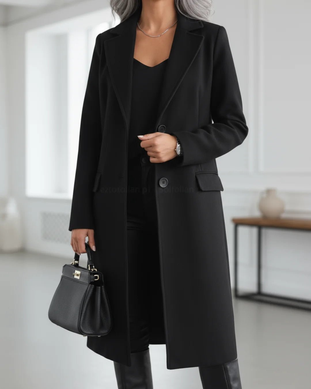 Women's Long Tailored Wool Coat with Notched Lapel Side