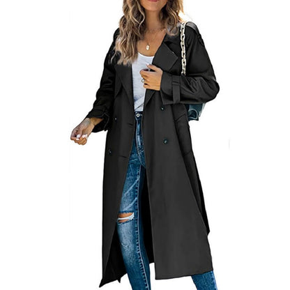 Women's Long Trench Coat | Classic Double-Breasted Style Close Up