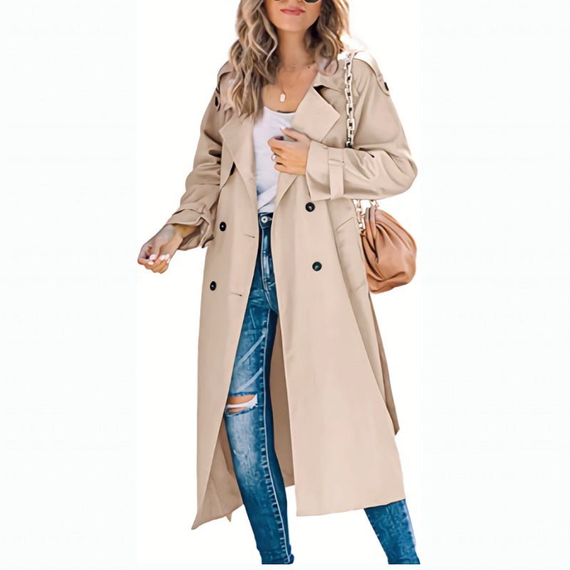 Women's Long Trench Coat | Classic Double-Breasted Style Detail