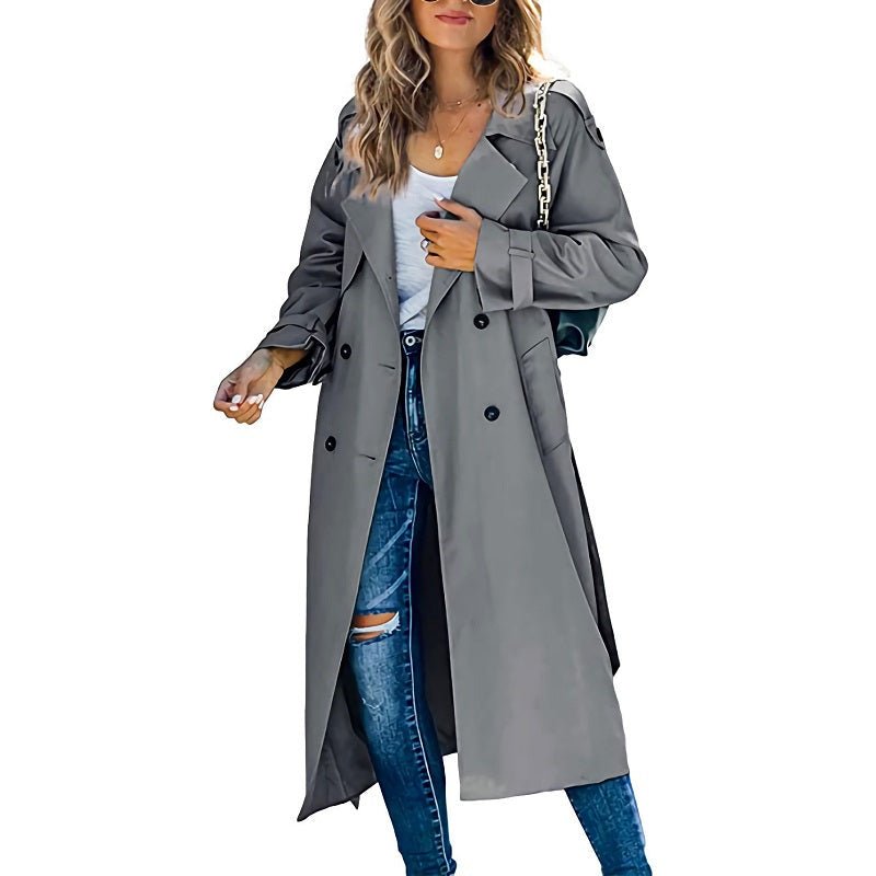 Women's Long Trench Coat | Classic Double-Breasted Style Side