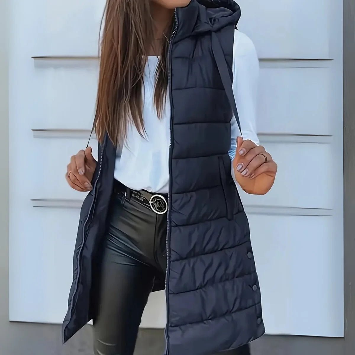Women's Longline Hooded Sleeveless Puffer Vest for Layering Detail