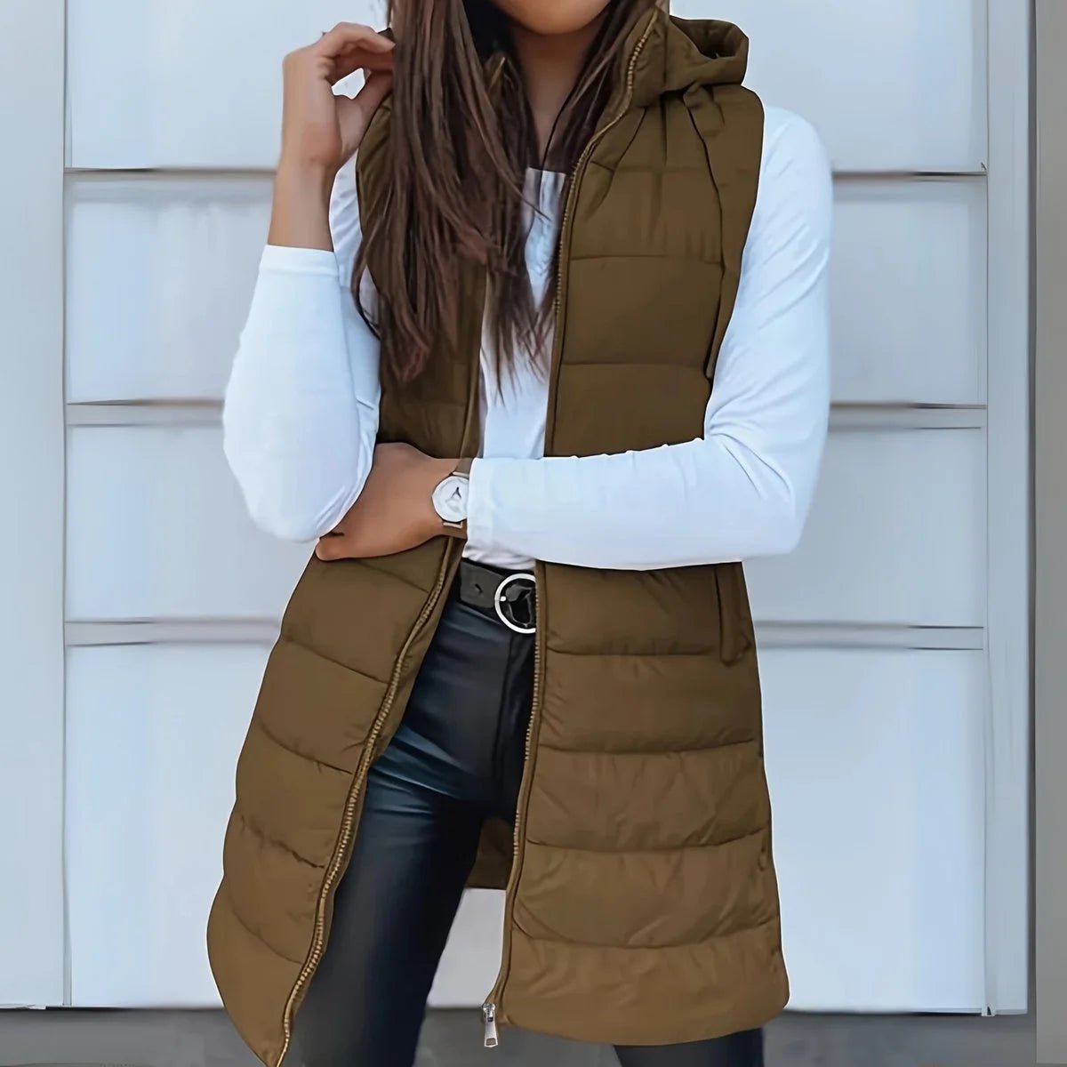 Women's Longline Hooded Sleeveless Puffer Vest for Layering Front